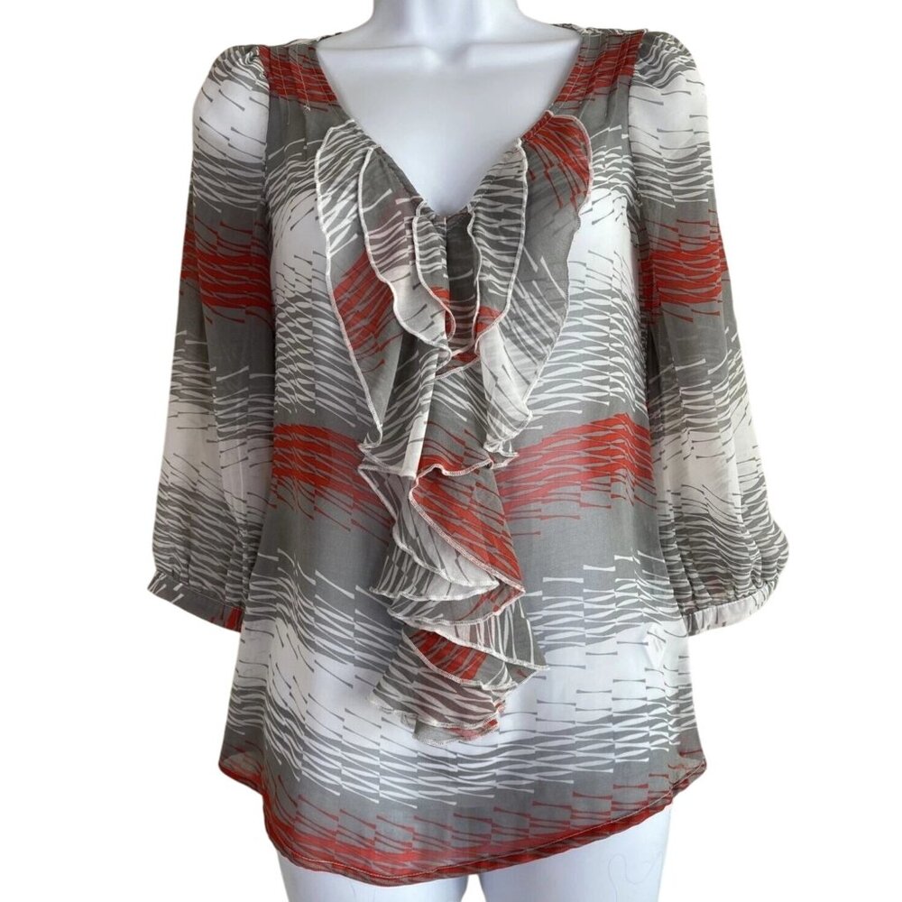 Banana Republic Womens Sheer Chiffon Blouse W/ Ruffle Front V-Neck 3/4 Sleeve M
